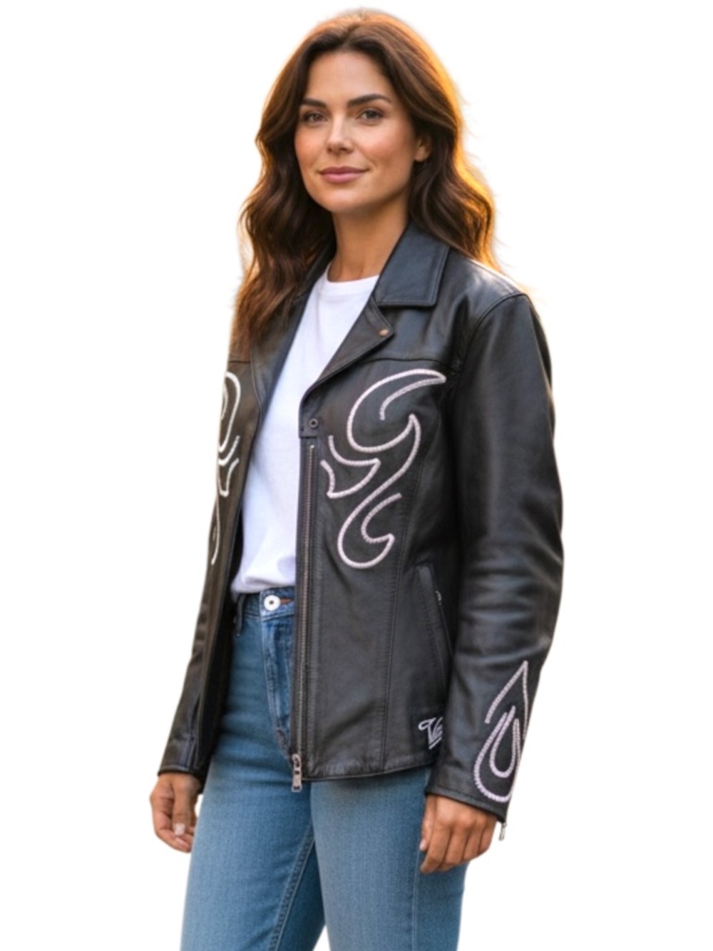 NWOT Victory Motorcycle Black Western Flame Wings Leather Jacket (M)